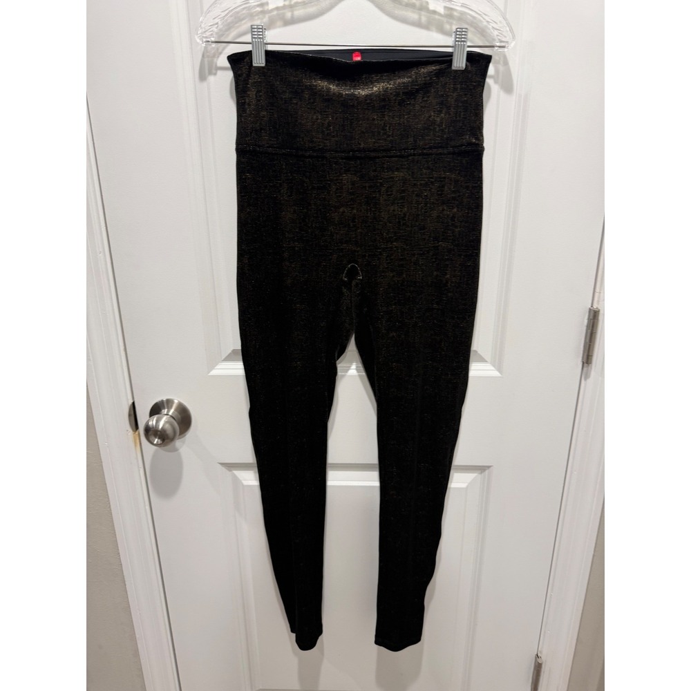 Spanx Womens Leggings Metallic Foil Finish Black Gold Large